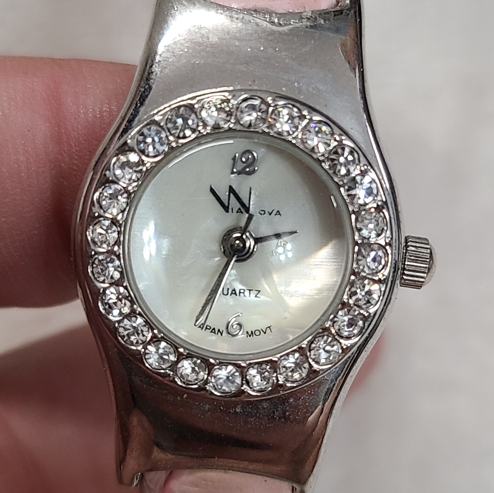 Via Nova Silver Tone Crystal Accented Watch With Pink Cuff Style Band